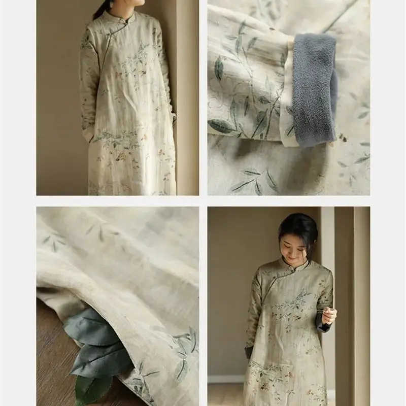 النمط الصيني شيونغسام فستان المرأة الخريف جديد القطن الكتان الأزهار فساتين مُزينة بطباعة موضة سميكة المخملية فضفاضة رداء الأدبي