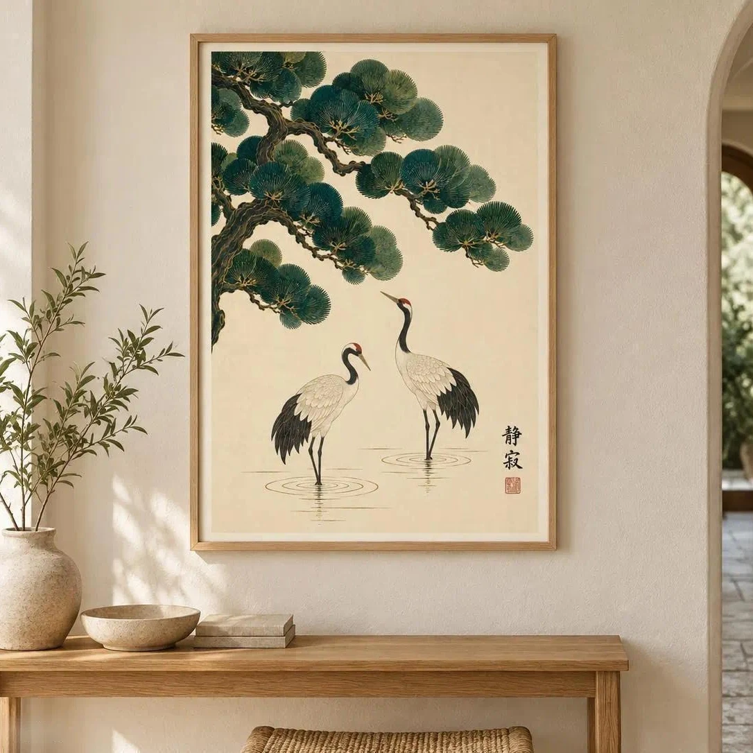 Retro Japanese Crane Bird Wall Art Poster Vintage Red Crowned Cranes Pine Tree Wall Art for Living Room and Bedroom Decorations