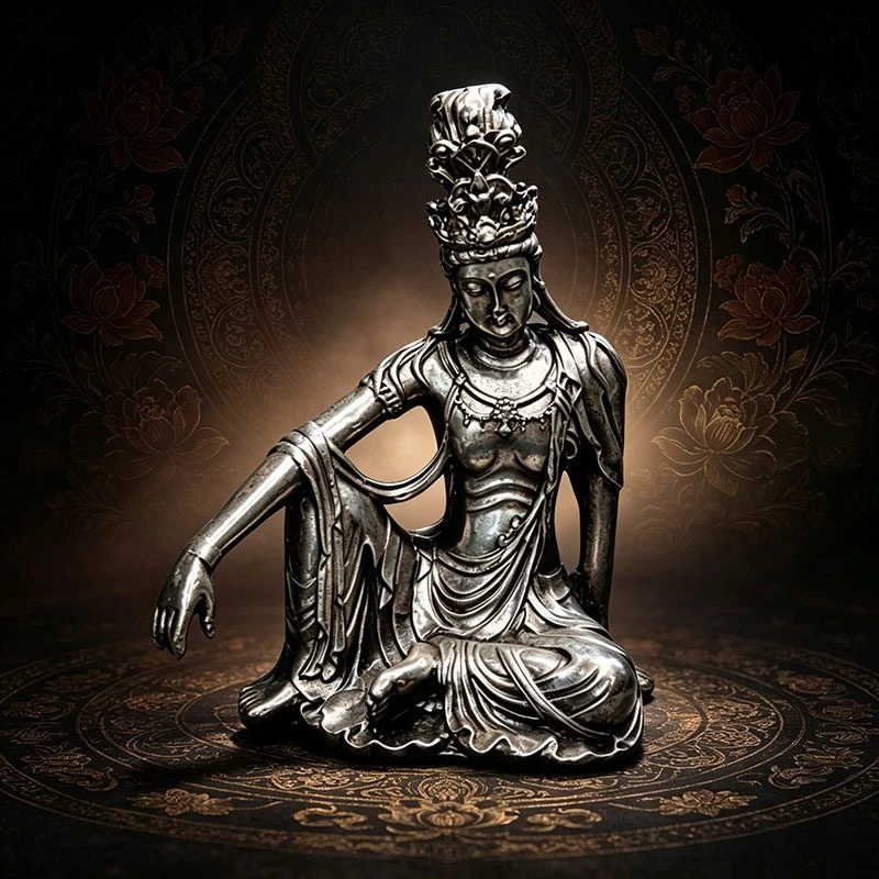 Antiques Guanyin Kuan Yin Bodhisattva Statue - Relaxed Pose Zen Spiritual Altar Temple Shrine Home Decor Buddha Statue