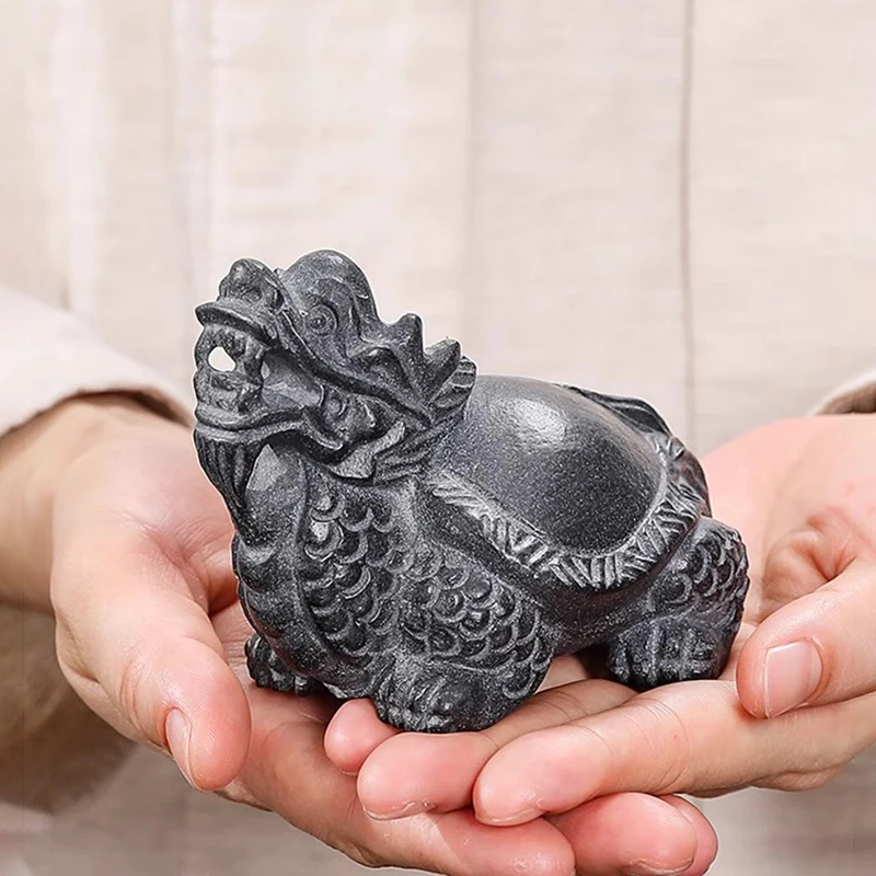 Dragon Turtle Natural Black Basalt Hand Carved Feng Shui Prosperity Statue Home Office Desk Decor Collectible Housewarming Gift