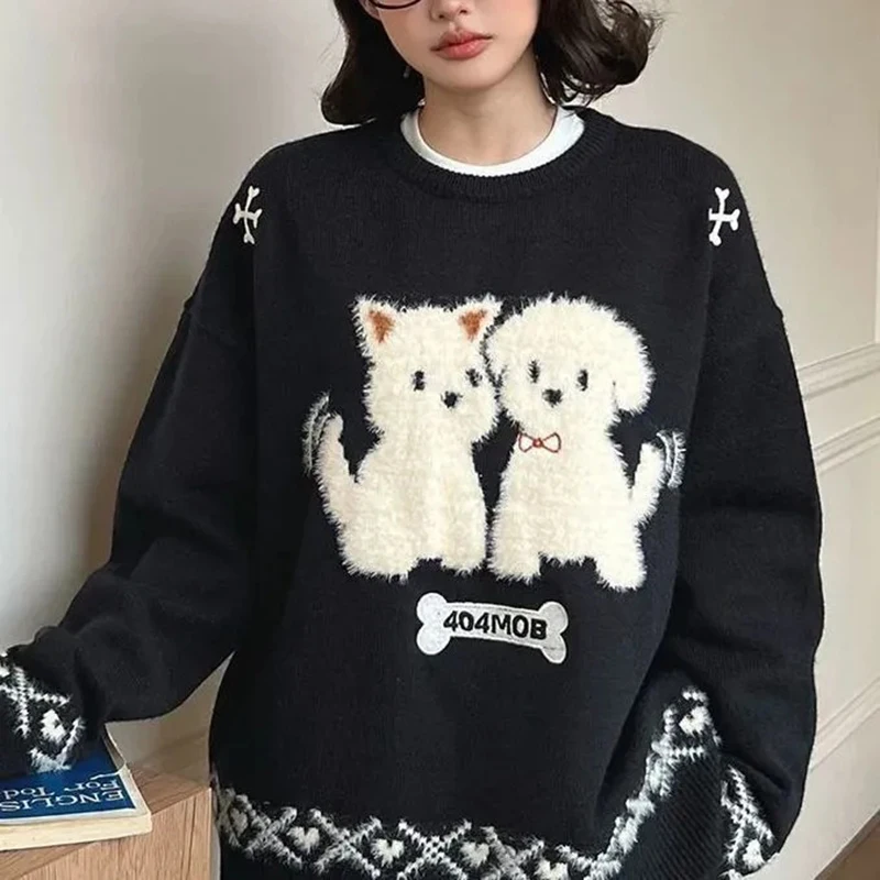 Women Fuzzy Dog Applique Sweater Oversized O Neck Knit Pullover Long Sleeve Bone Patch Cute Alt Y2K Black Winter Top