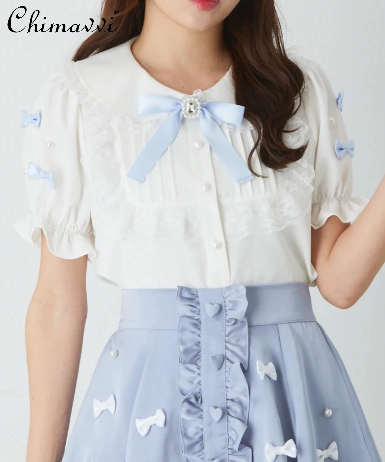 Japanese Mass-produced Short-sleeved Lace Shirt Female New 2024 Summer Sweet Bow Girls Lace Splicing Lolita Tops Blouse Women