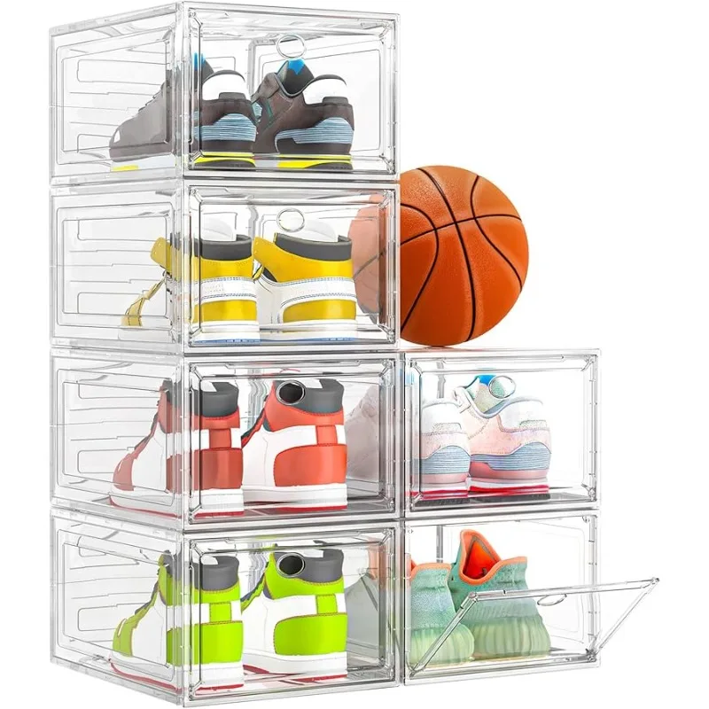 

Thicken & Sturdy Clear Shoe Storage Organizer with Magnetic Door, Stackable Boxes for Closet, Foldable Space-Saving Shoe Rack fo
