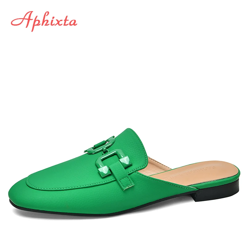 Aphixta New Summer Green Orange Women Slippers Buckle Shoes Classic Square Toe Flip Flops Beach Flat Heel Slides Mules