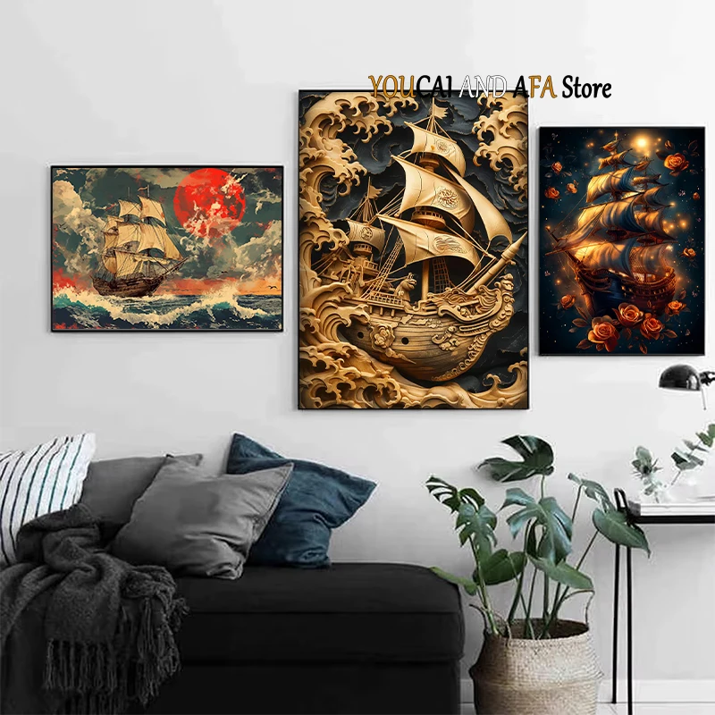 Pirate Ship Sailboat Vintage Adventure on Sea Fantasy Artwork Sailing Dream Poster Canvas Painting Wall Pictures Home Room Decor