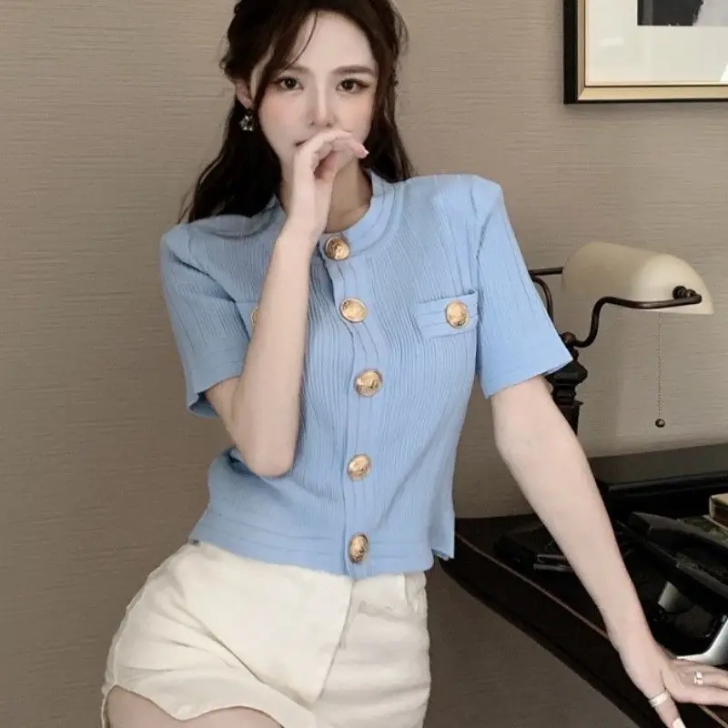 Women Clothing Vintage Fashion All-match Knit Cardigan Summer Elegant O-neck False Pocket Button T-shirt Solid Short Sleeve Tops