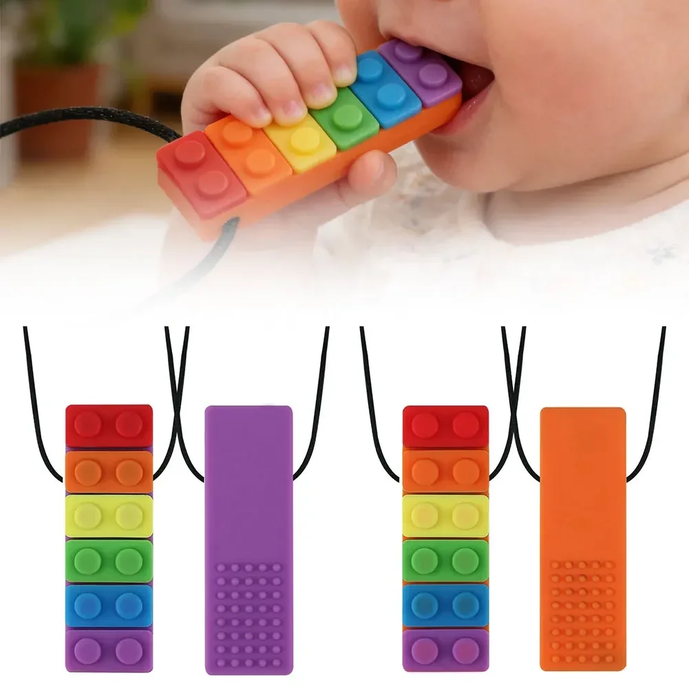 

Rainbow Brick Silicone Chew Necklace Baby Teether Sensory Chew Therapy Tools for Autism Kids