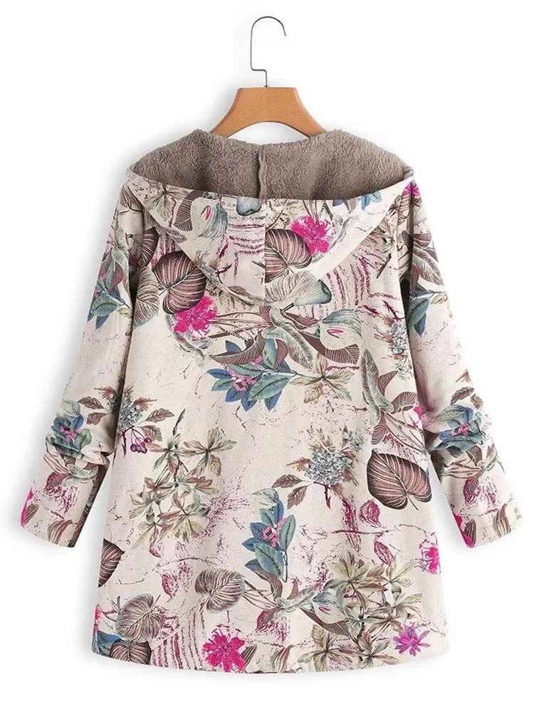 2023 New Women Winter Warm Floral Hooded Jacket Flower Print Hoody Vintage Oversized Coats Winter Padded Jacket Women Parkas