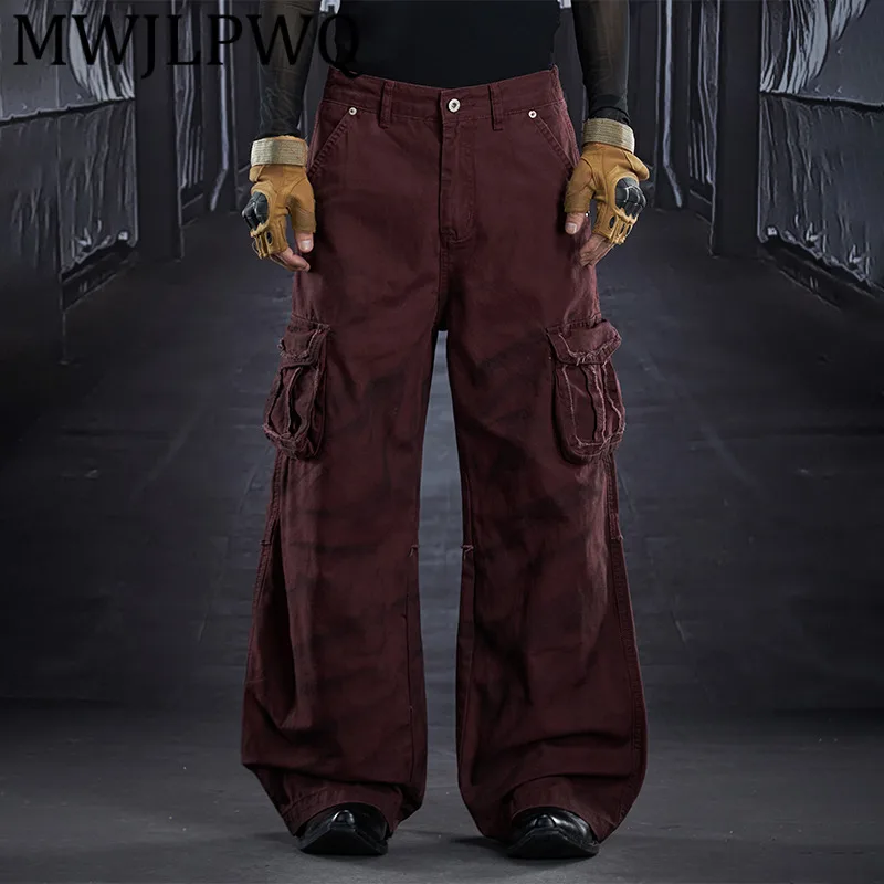 

MWJLPWQ мужские потертые винтажные брюки-карго с несколькими карманами, прямые повседневные брюки в американском уличном стиле 12834