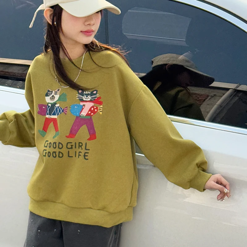 

Girls' hoodie spring 2025 new style children's round neck loose casual fashion cartoon printed children's clothing top spring an