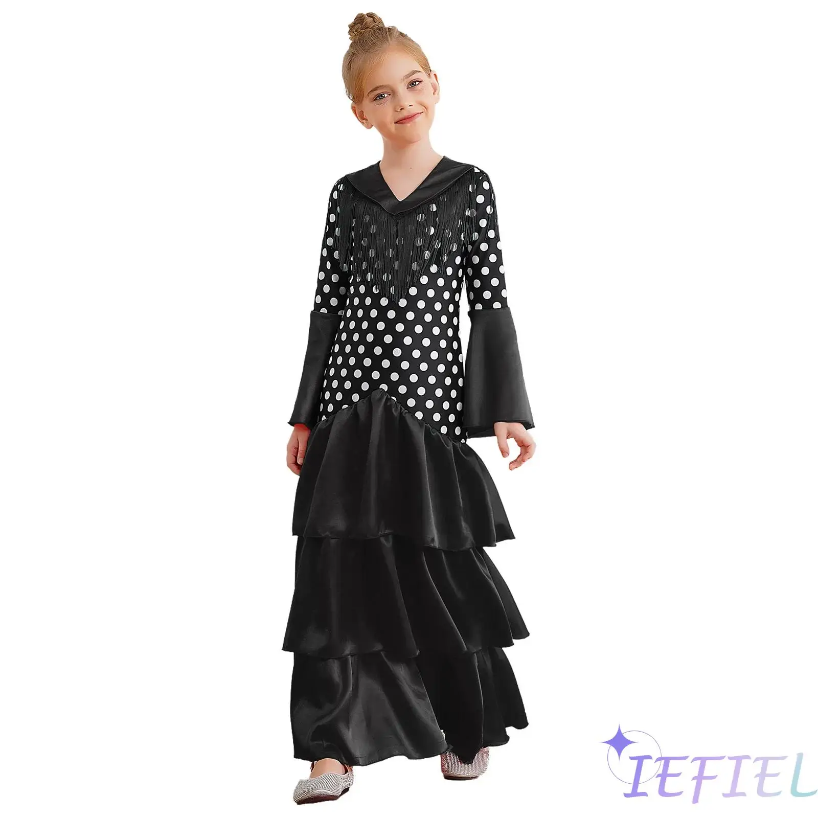 

Kids Girl Flamenco Latin Dance Costume V Neck Flared Sleeve Tiered Ruffle Dress Polka Dots Print Dress Performance Dancewear