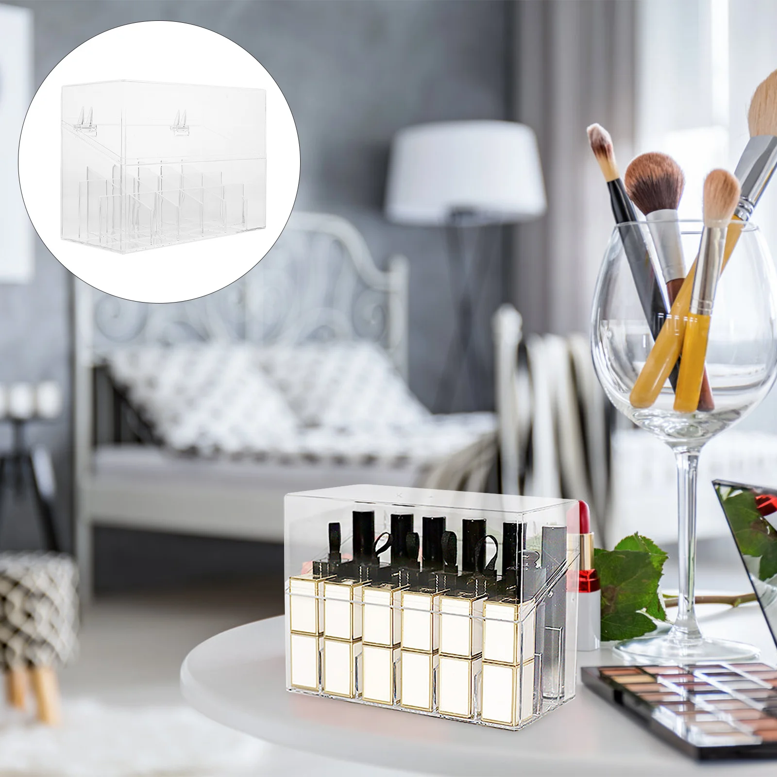 صندوق تخزين أحمر الشفاه مصنوع من مادة البوليسترين الممتازة مقاوم للخدش وسعة كبيرة لتنظيم سطح المكتب وحامل شفاف لأحمر الشفاه