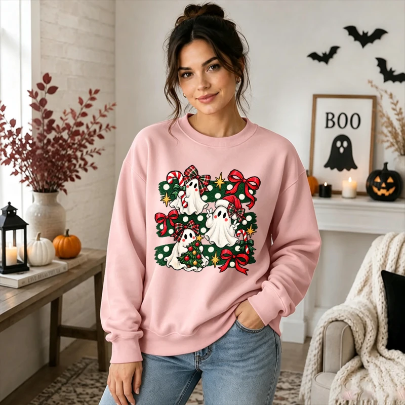 Cute Christmas Ghosts Plaid Bows Candy Cane Mini Xmas Tree Red Bow Star Polka Dot Background Festive Cartoon Graphic Pullover