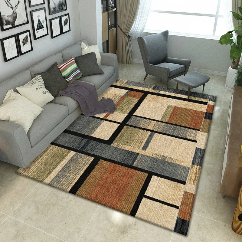 VIKAMA Modern Wood Grain Square Block Rug Geometric Plaid Non Slip Washable Floor Carpet For Living Room Bedroom Home Decoration