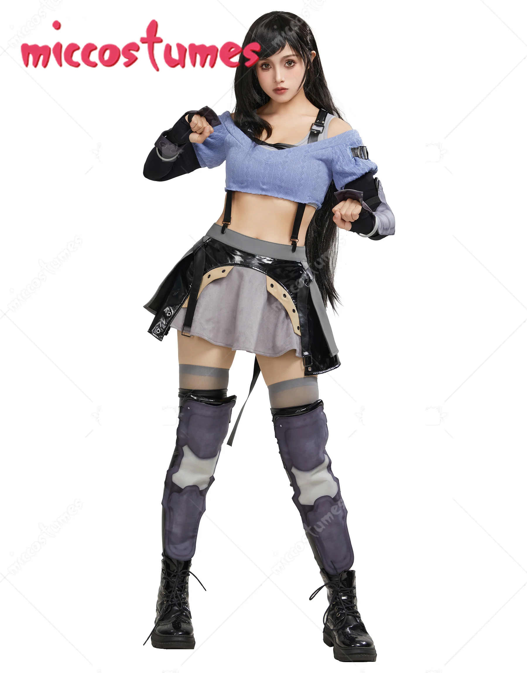 

Miccostumes Women's FF Tife Cosplay Costume Sexy Uniform Blue Top Short Skirt with Arm Sleeves