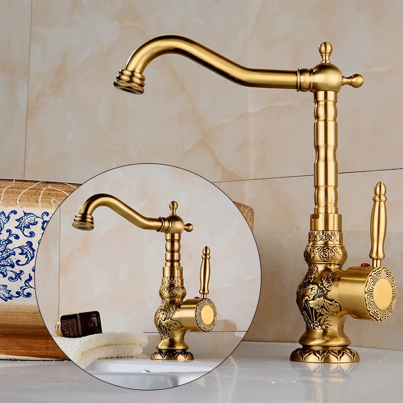 Tuqiu  antique brass bathroom faucet  carved Deck mounted Bathroom basin faucet sink Faucet Water Mixer Tap kitchen faucet