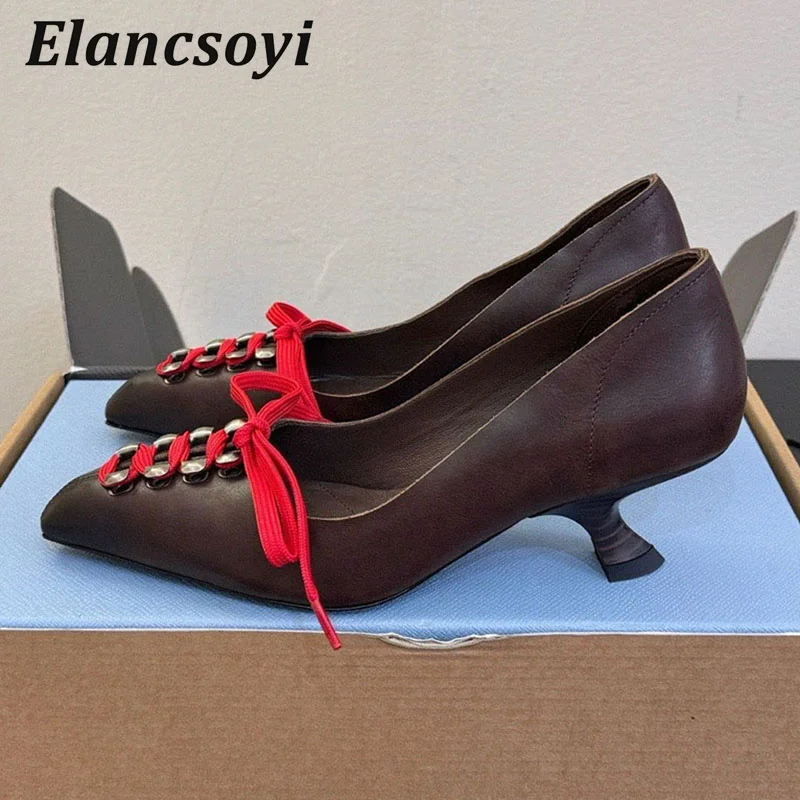 Women's Pumps Genuine Leather Rivet Thin Heels Single Shoes Pointed Toe Lace Up High Heels Summer Sexy Banquet Dress Shoes
