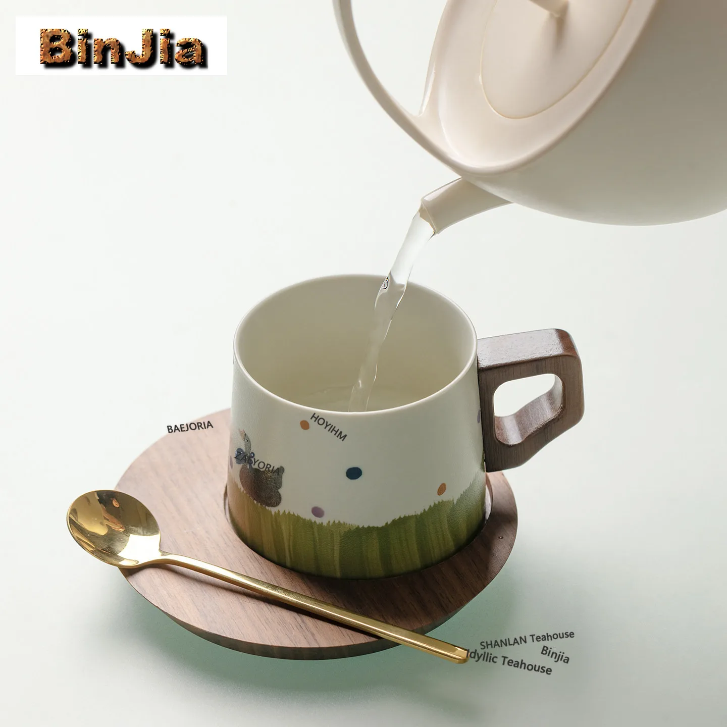 BAEJORIA 200ml Green Goose By The Pond Coffee Mug With Plate Cappuccino Latte Cup Afternoon Tea Mug Cup Saucer Kit Teaware Gift