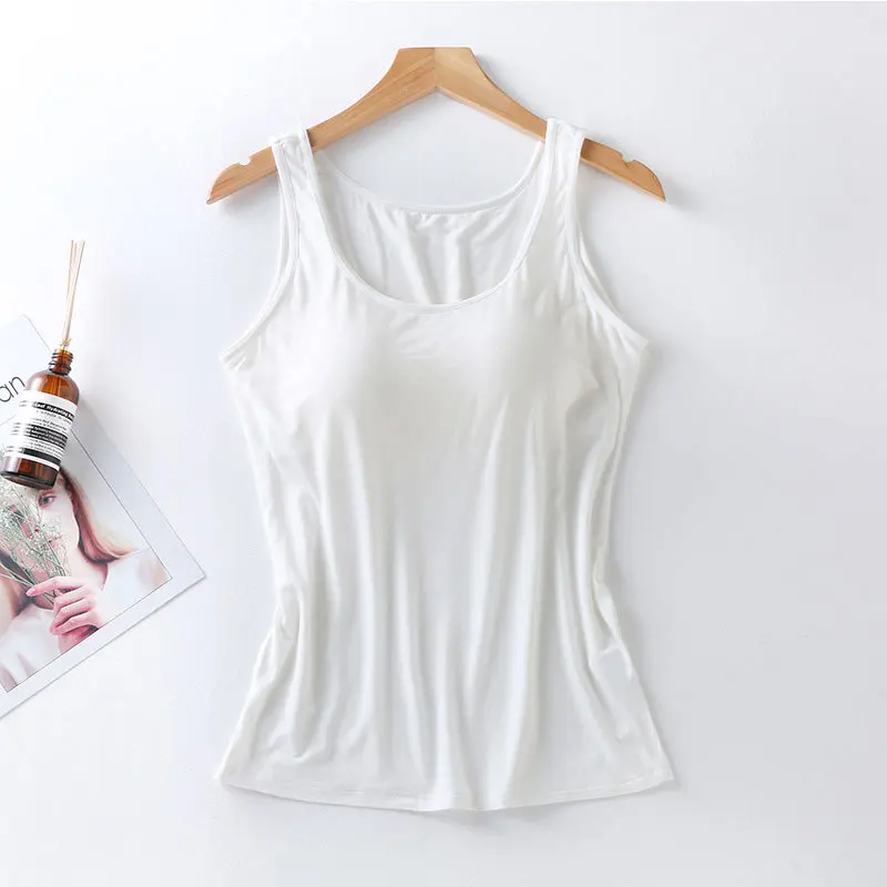 2025 Women\'s Vest Tops with Built In Bra Neck Vest Solid Color Padded Slim Fit Tank Tops Sexy Shirts Feminino Casual Tank Tops