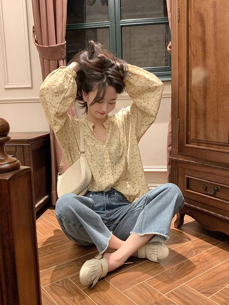 Top lungo in chiffon con stampa floreale irt da donna retrò Hong Kong Sle primavera autunno nuovo design Fairy Faion