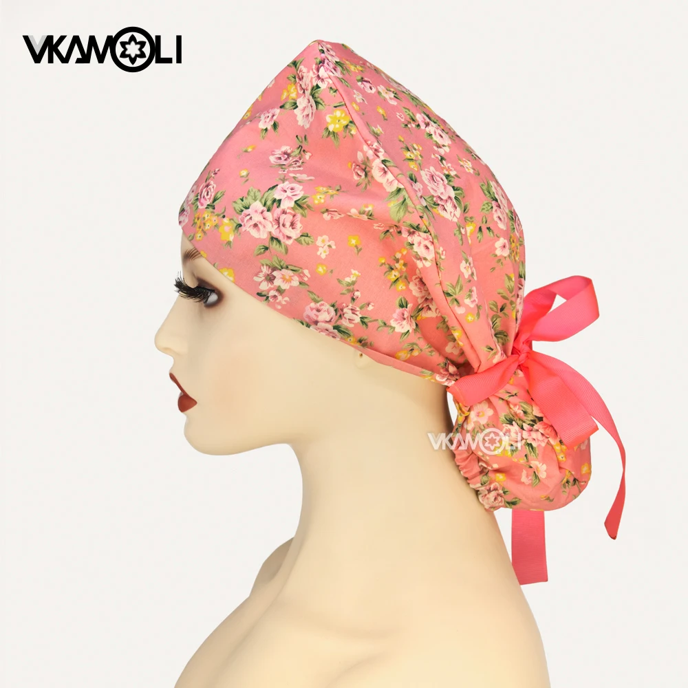 Pink printed long hair surgical cap for dust prevention and long hair Female Nurse Doctor ponytail cap