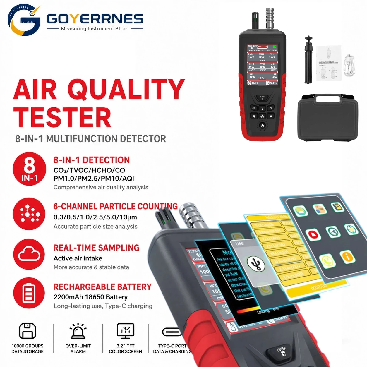 Air Quality Monitor CO2 TVOC HCHO PM2.5 Particle Counter 6 Channel with Data Export for Home Office