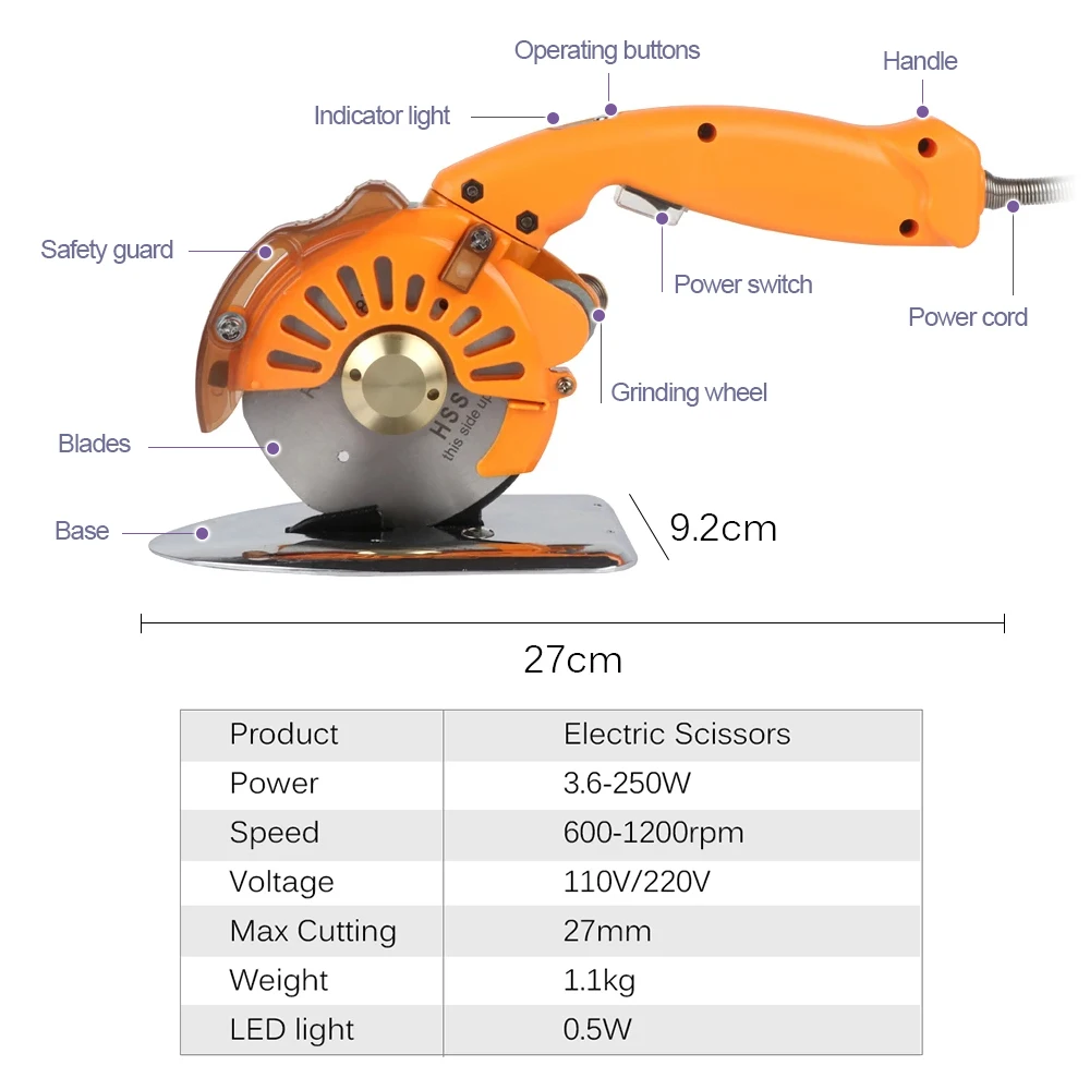 110V/220V Electric Scissors Fabric Leather Cutting Machine Durable Multipurpose Shears Cloth Cutter LED with Speed Controller