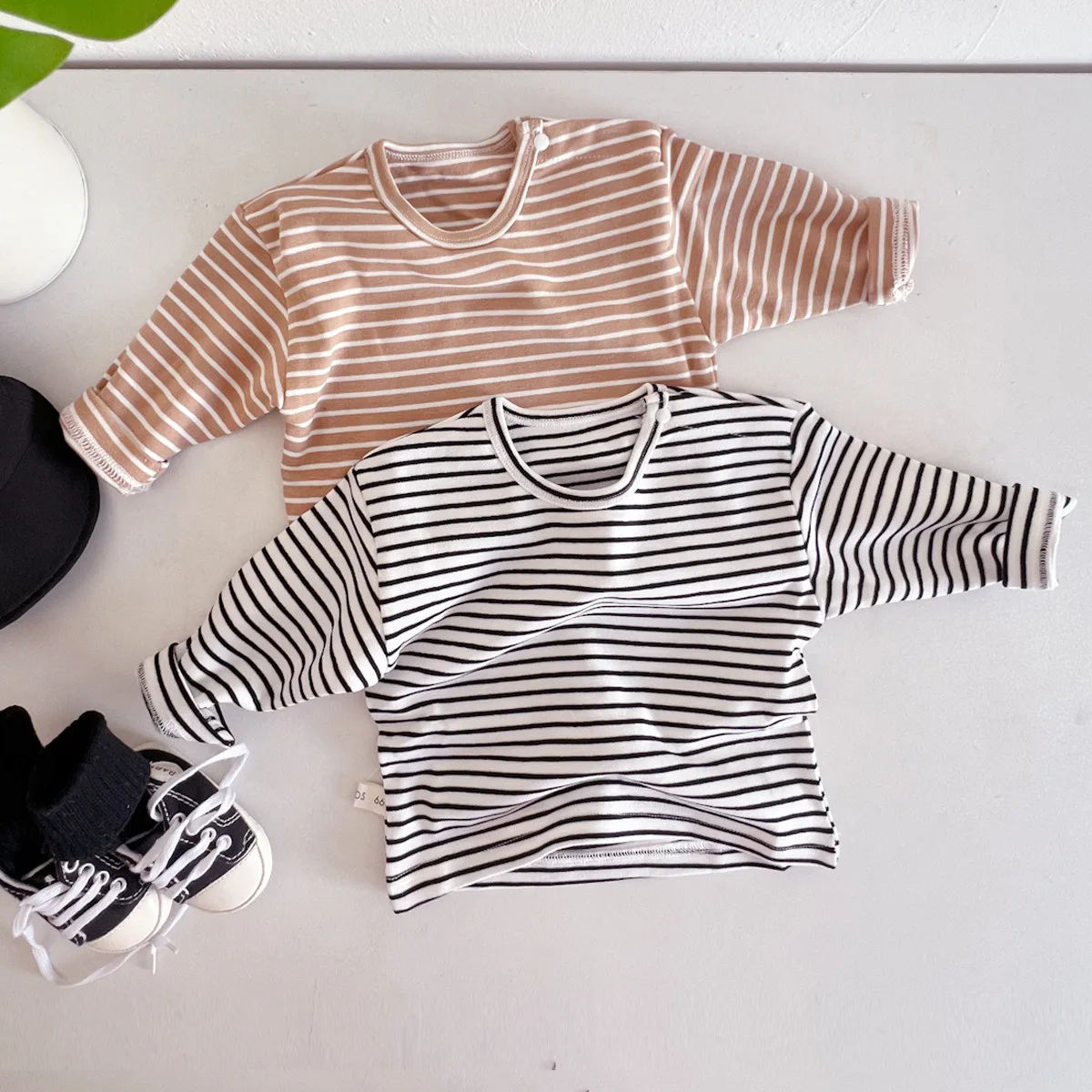 2024 Autumn New Baby Versatile Striped Bottoming Shirt Cotton Infant Boy Girl Long Sleeve Tops Toddler Casual T Shirts 0-24M