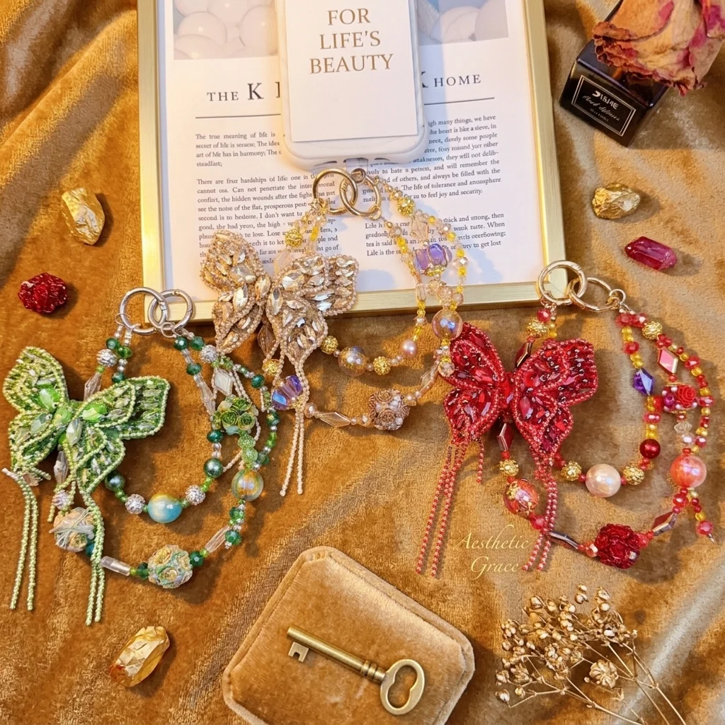 

Luxury Rhinestone Butterfly Phone Lanyard Crystal Beaded Tassel Wrist Strap Cute Aesthetic Y2K Phone Charm Gifts For Women