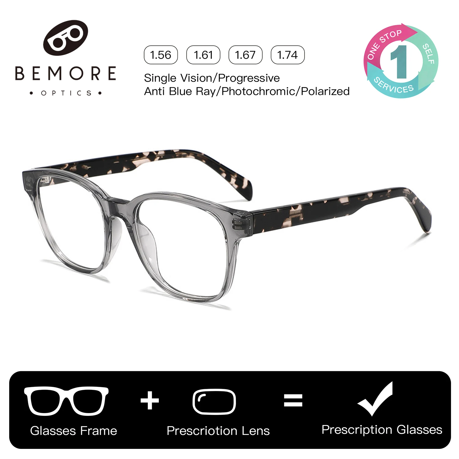 

BEMORE Handmade Acetate Round Optical Lenses with Recipe Unisex Anti-Blue Ray Progressive Prescription Eyeglasses