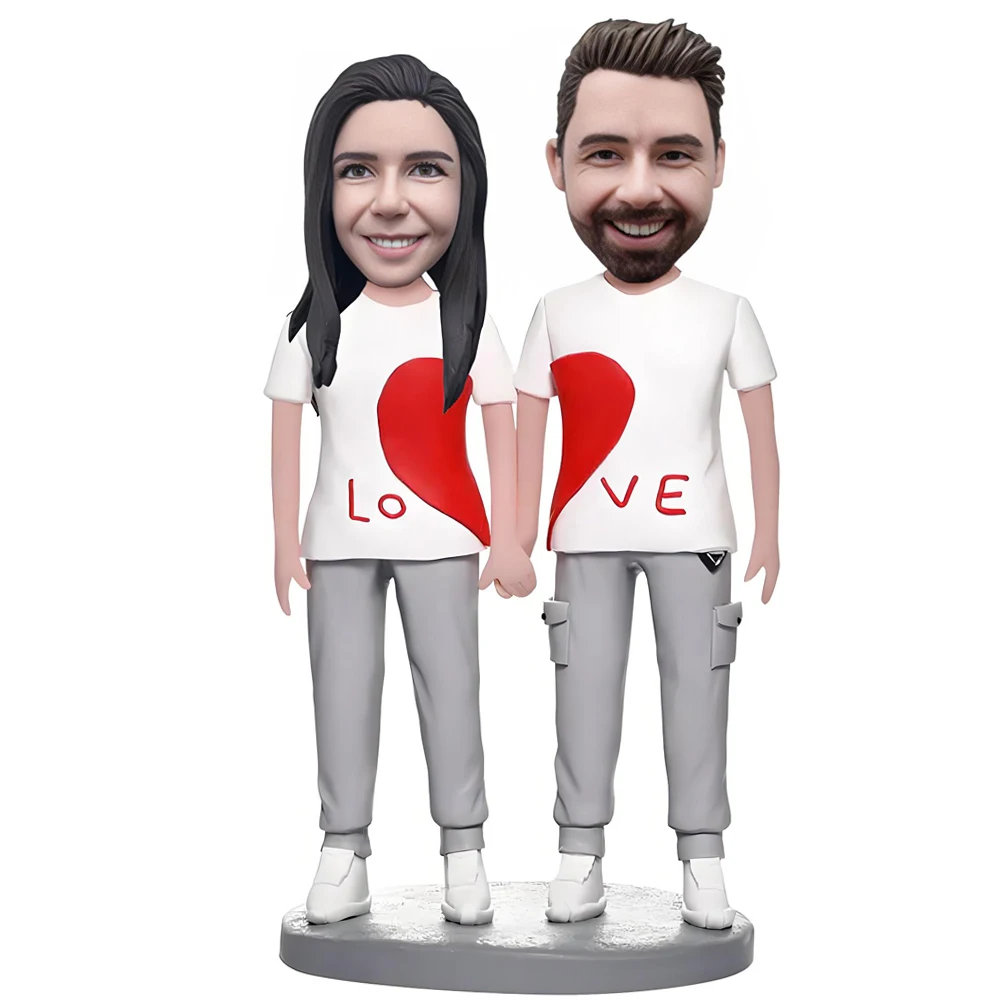 Valentine's Day Gift, Custom Bobblehead Figurine for Couple, Heart Love Connection, Polymer Clay Dolls, Desk Decoration