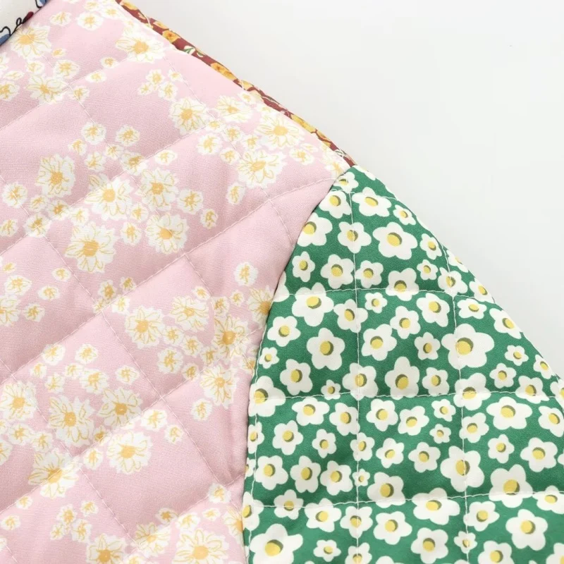 Casaco feminino de algodão com patchwork multicolorido, gola alta, bolsos laterais, manga comprida, para passeio e compras, moda outono-inverno.
