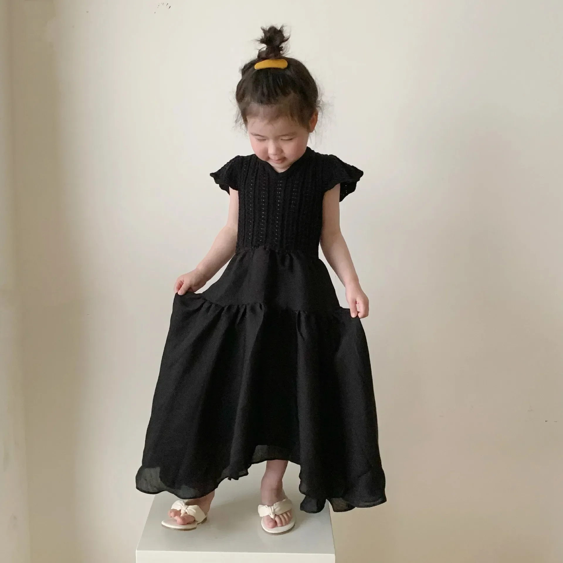 Children's 2024 Korean Summer Edition Women's Middle School and Children's Wool Splice Lace up Open Back Dress Children's Dress