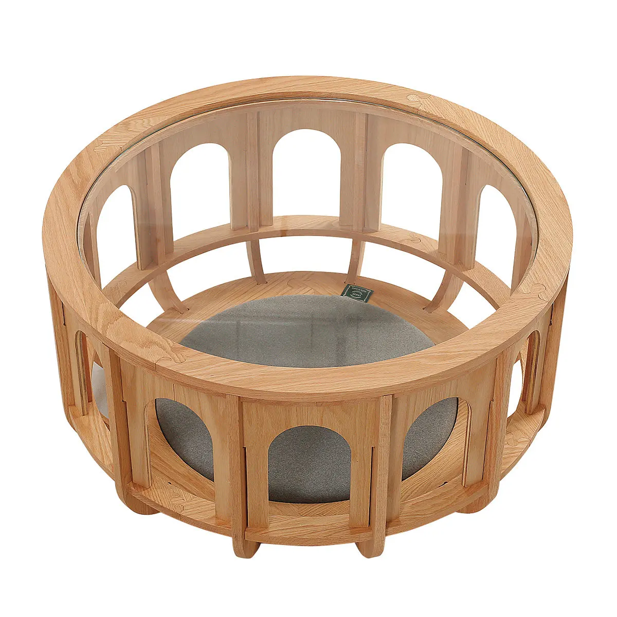 Living room creative solid wood round glass coffee table modern simple tea table household cat pet side table round table