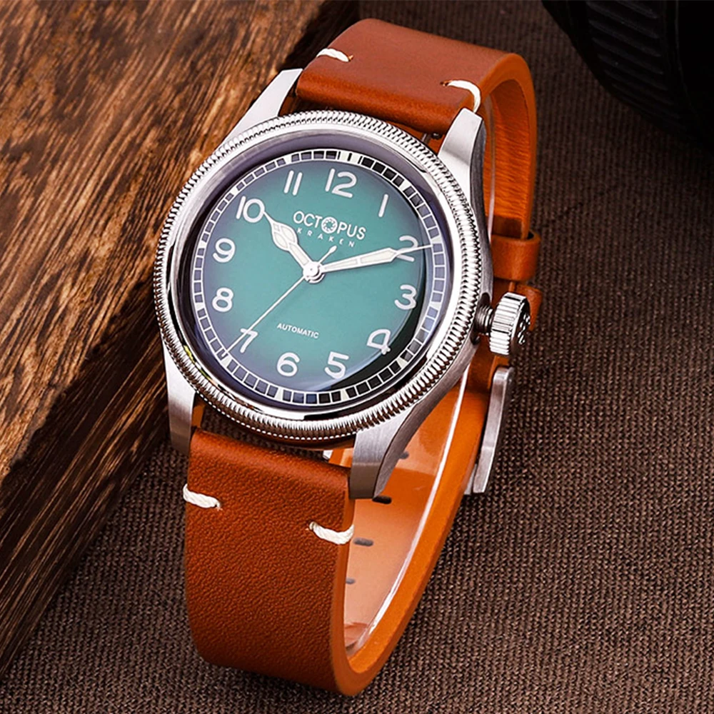 Octopus Kraken 40mm 316L Stainless Stee Pilot Men Watch Automatic Movement NH35 Sapphire Crystal 10Bar Waterproof Leather Strap