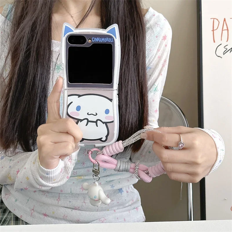 Cute Cartoon Sanrios Cinnamoroll with Lanyard Phone Case for Samsung Galaxy Z Flip 3 4 5 6 5G PC Hard Anti-drop Back Cover Funda