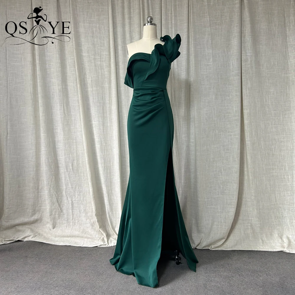 QSYYE Ruffles One Shoulder Green Evening Dresses Lapel Neck Stretchable Satin Fit Prom Dress Simple Mermaid Emerald Formal Dress