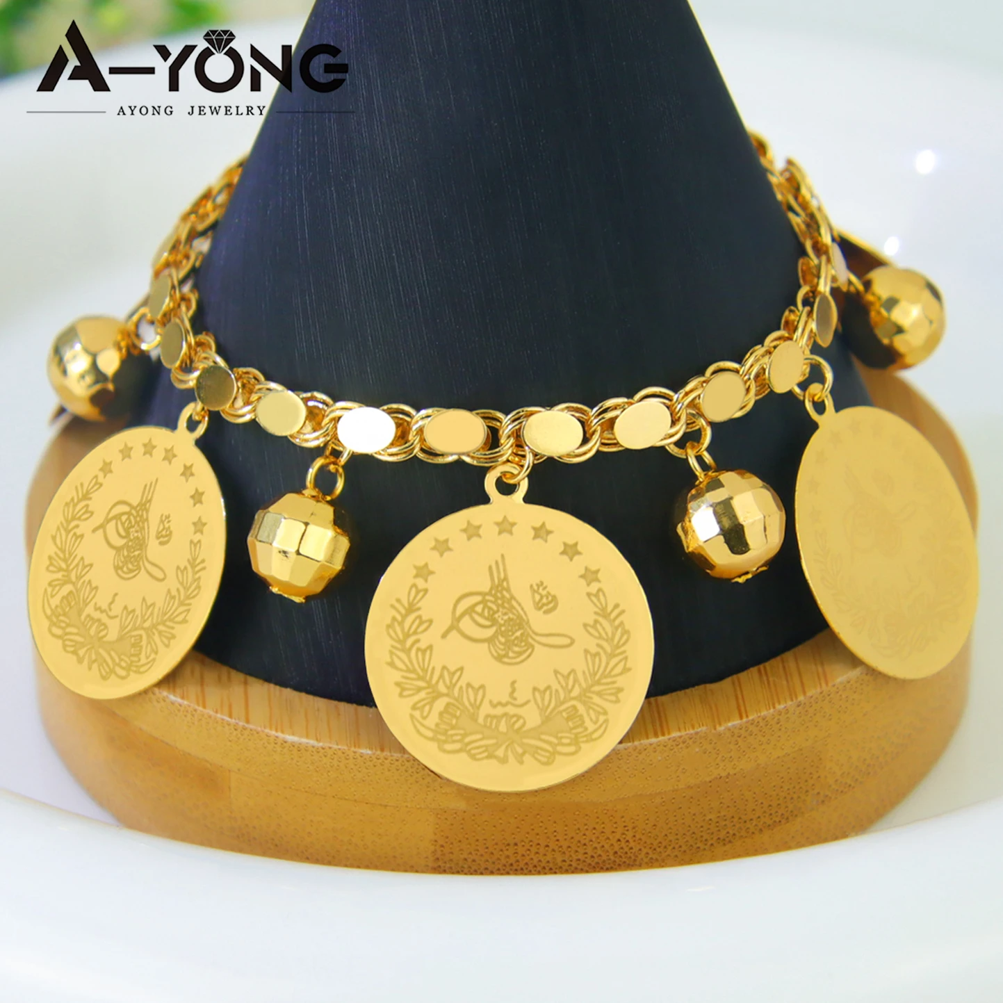 Klassisches arabisches Goldmünzen-Anhänger-Armband, 21 Karat vergoldet, Algerien, Brautmode, Handketten, Dubai, Damen, Hochzeit, Party-Schmuck – Detail 5