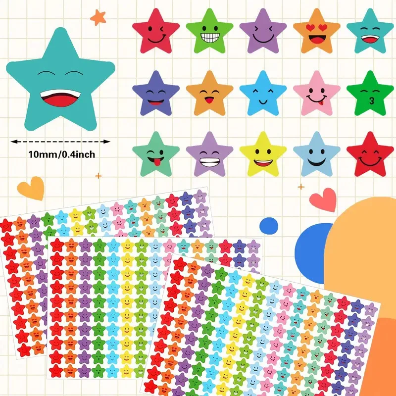 10 Sheets Star Face Stickers  Adhesive Rewards Seals for Kids Motivational Classroom Reward Labels Cute Cartoon Decals Wholesale