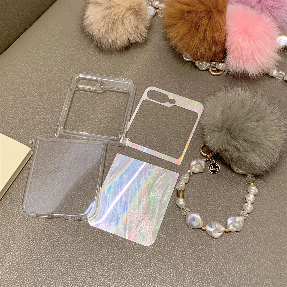 Feather Yarn Gradient for Samsung Galaxy Z Flip6 Zflip5 Luxury Plush Bracelet Phone Case for Z Flip 4 5 6 Flip3 Slim Clear Cover