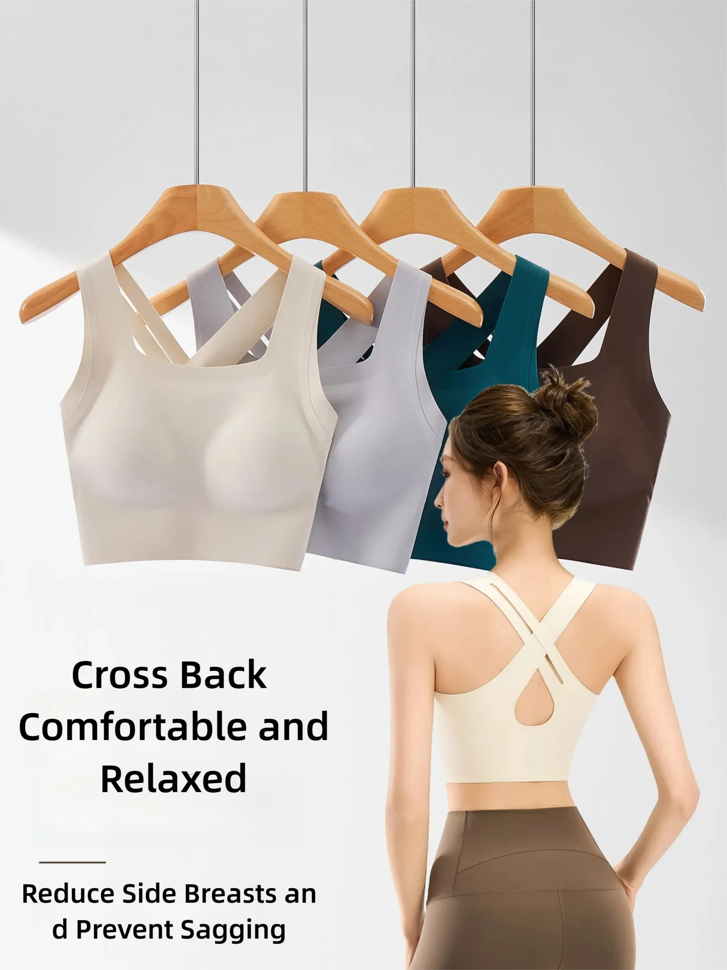 Women High Support Yoga Sports Bra Seamless Tank Top Underarm Coverage No Bra Needed Cross Back Workout Top