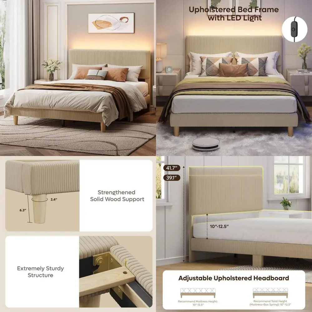 إطار سرير كوين قابل للتعديل بإضاءة LED مع تنجيد سروال قصير معنقدة بقناة عمودية وشرائح خشبية صلبة لتعزيز