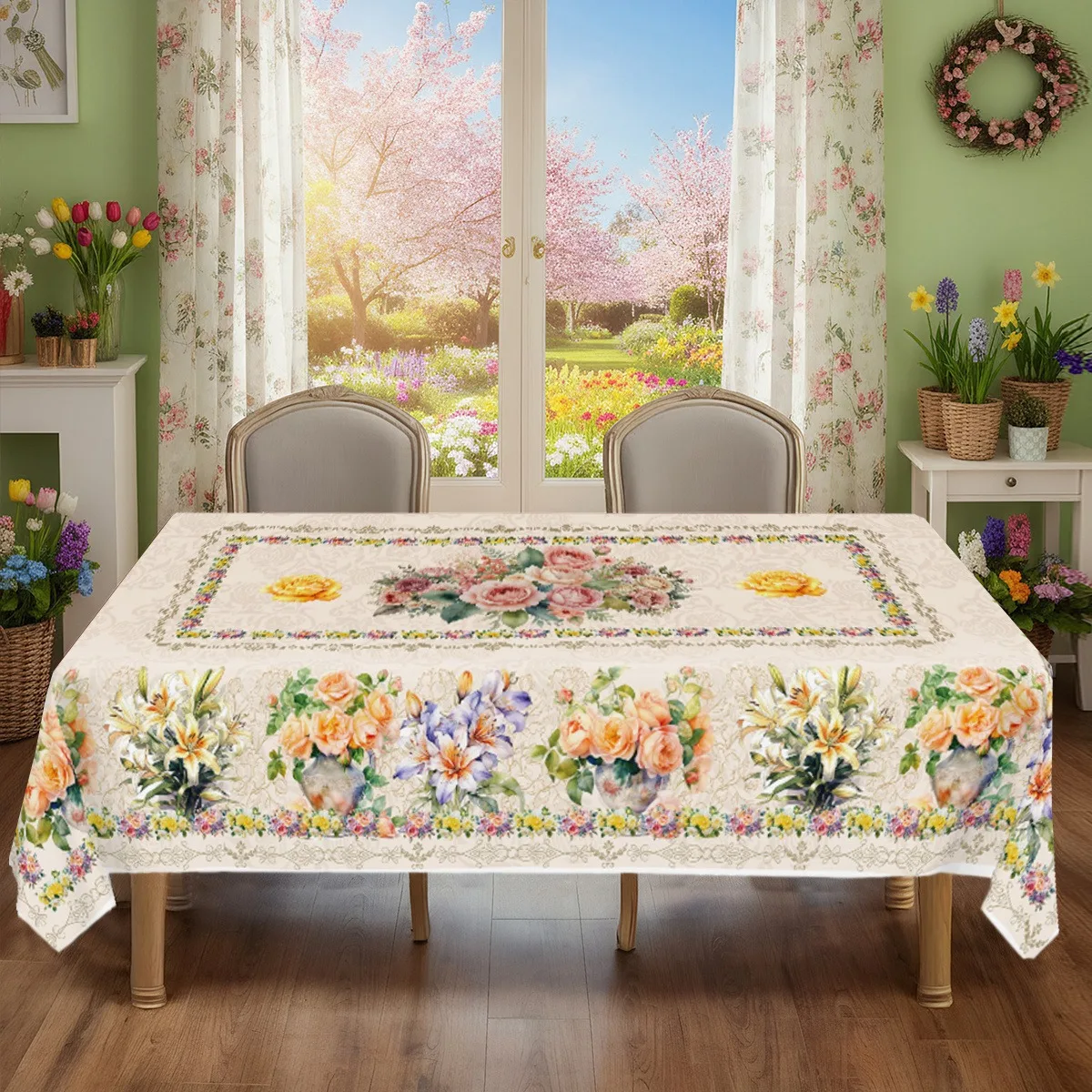 1pc Vintage Rose Lily Floral Border Tablecloth Waterproof Rectangular Table Cover Cottagecore Garden Dining Decor