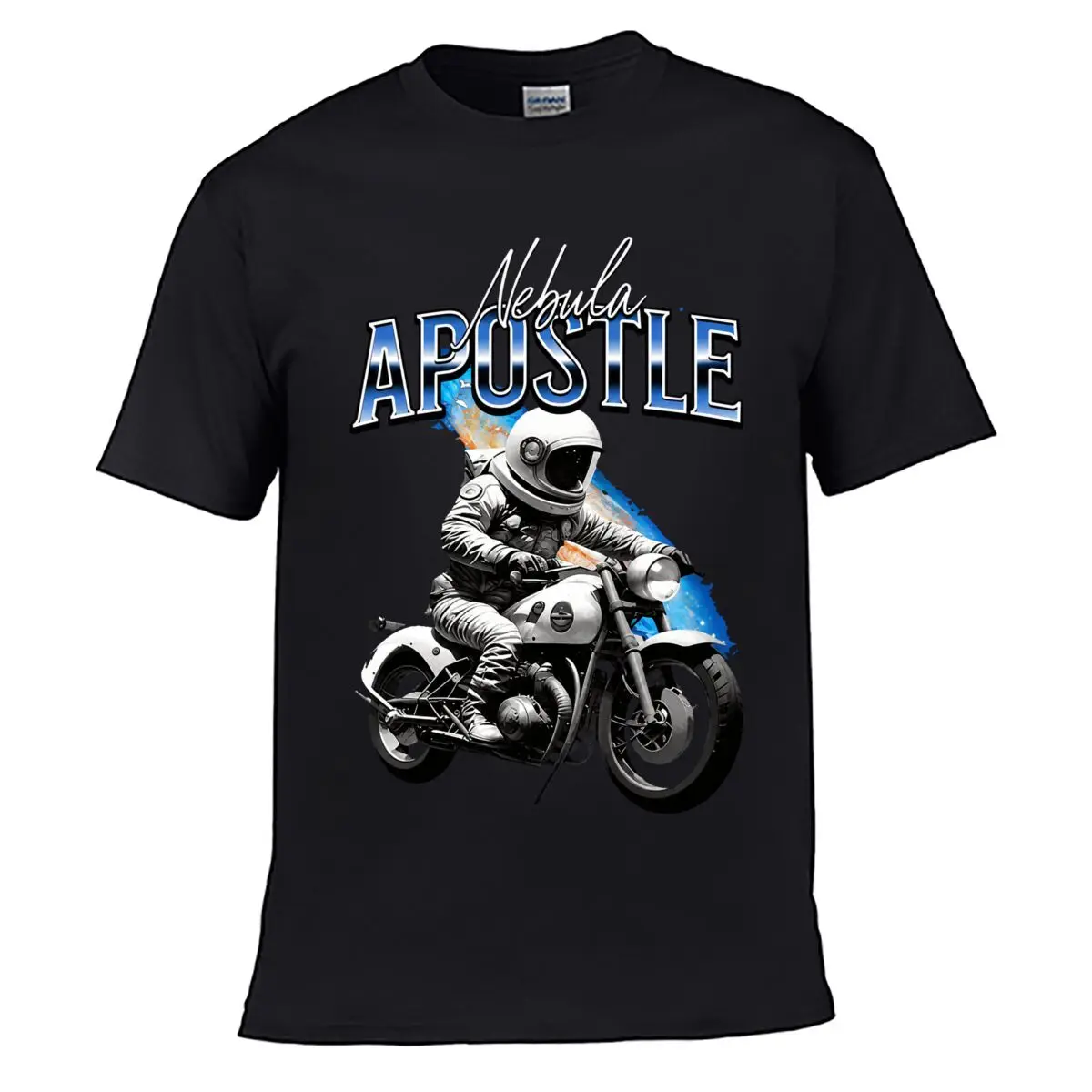 Graphic Astronaut Motorcycle Nebula Men Summer Washed Tee Loose Distressed Top