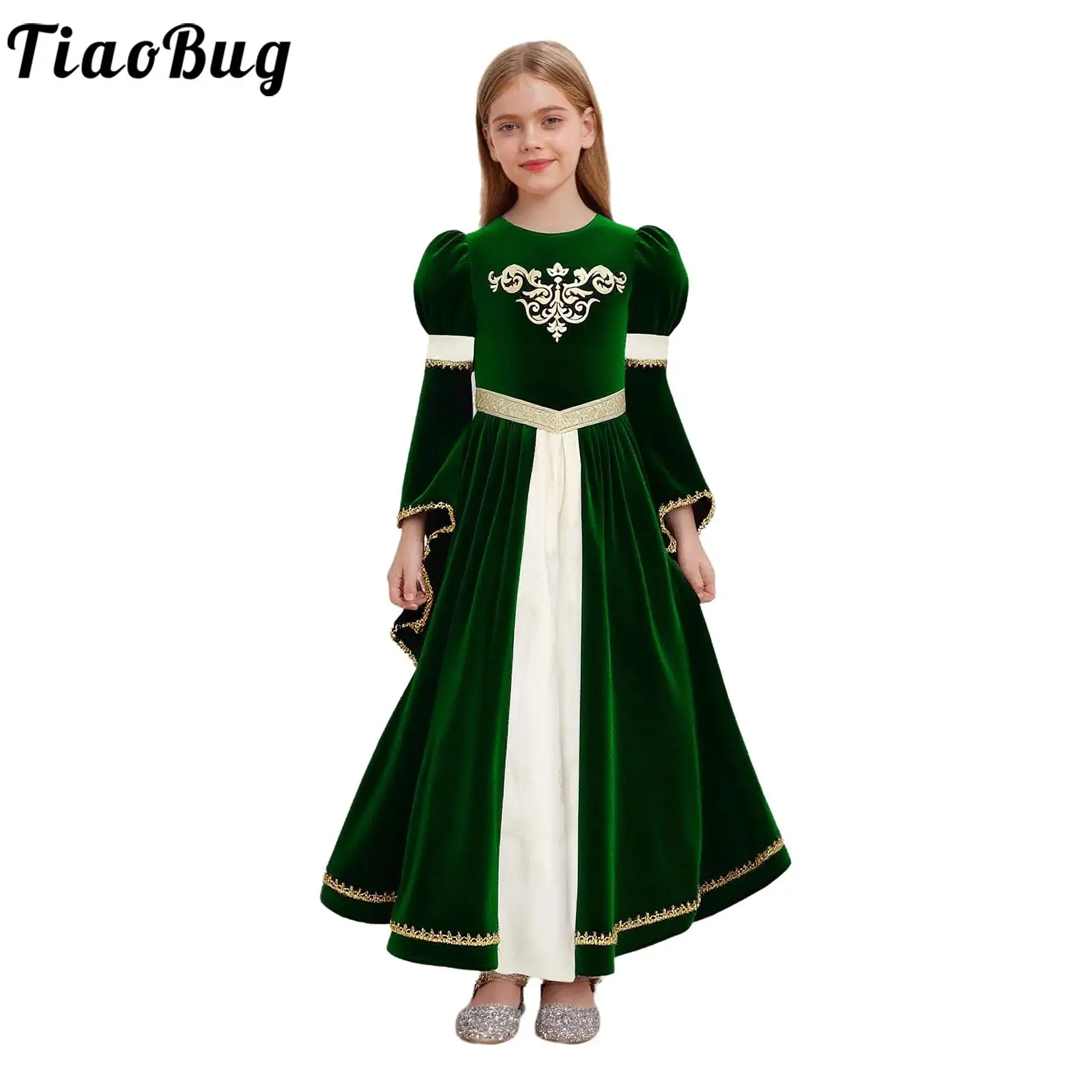 

Kids Girls Halloween Medieval Renaissance Princess Cosplay Costume Bell Sleeve Gold Webbing Trim Vintage Victorian Gown Dress