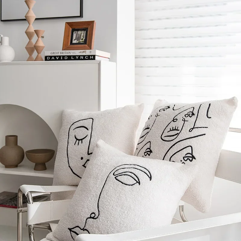 Lambswool Embroidered Cushion Cover 45x45 Nordic Beige White Abstract Art Pillowcase Light Luxury Decorative Pillows for Sofa