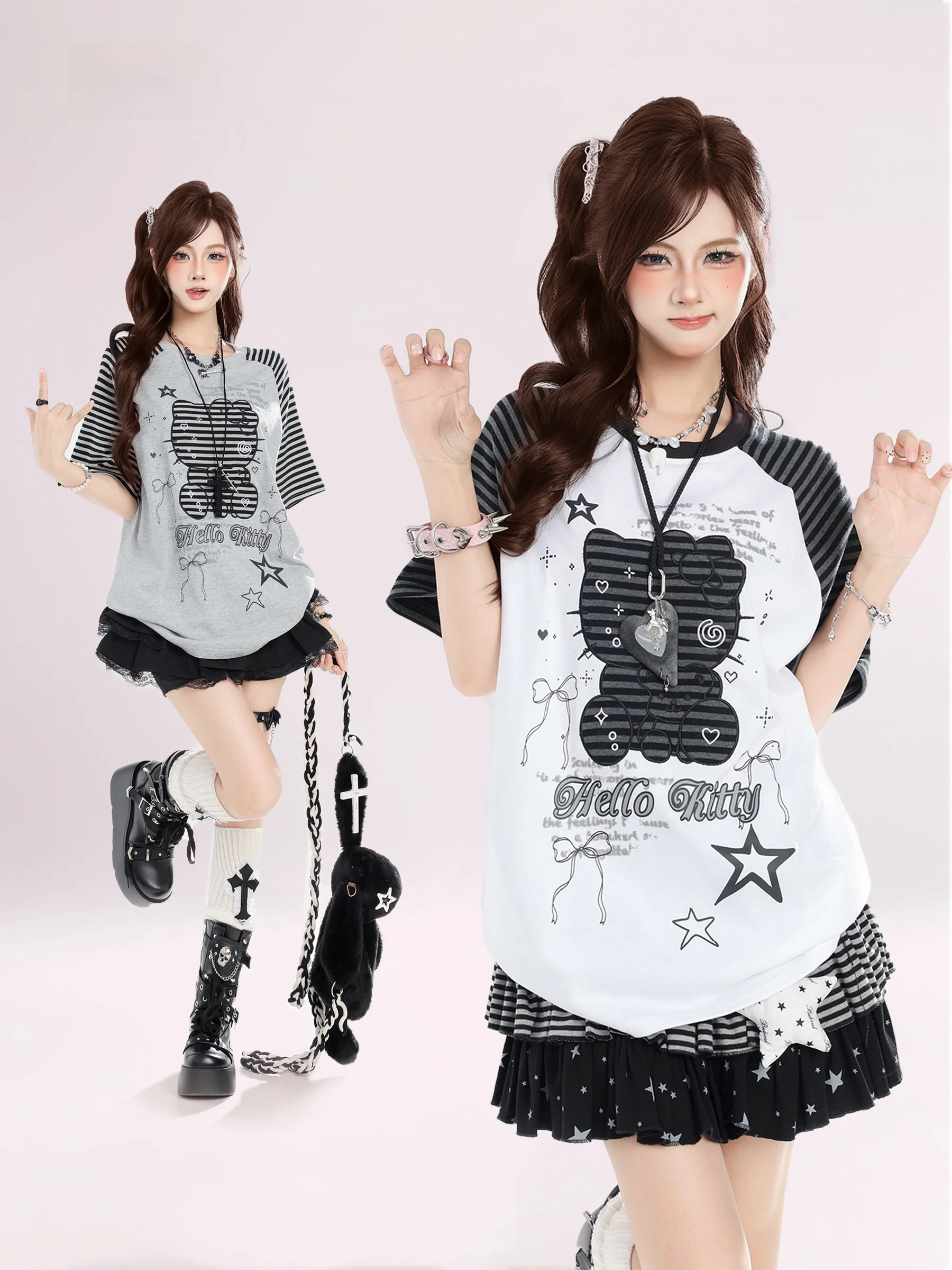 

HTYM Sweet Cool Cartoon Stripe Shoulder Sleeve T-Shirt Women Summer New Loose Versatile round Neck Short Sleeve Top