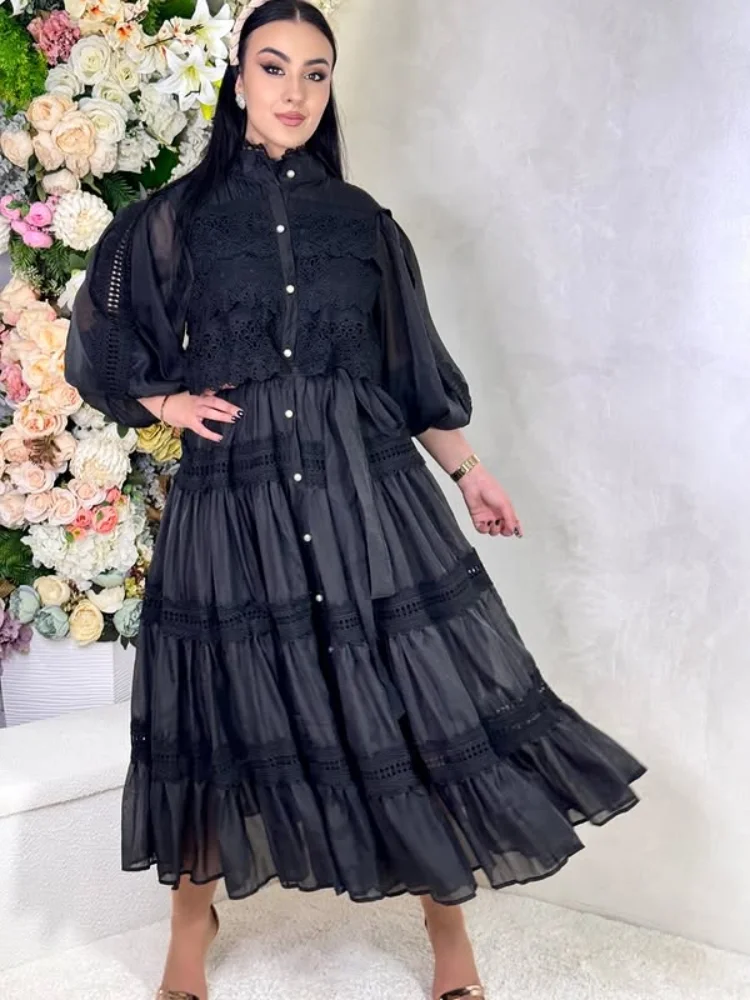 

Boho Embroidery Maxi Dress Female Fashion Stand Collar Lace-up Ruffle Single Breasted Patchwork Robe 2025 New Autumn Streetwear