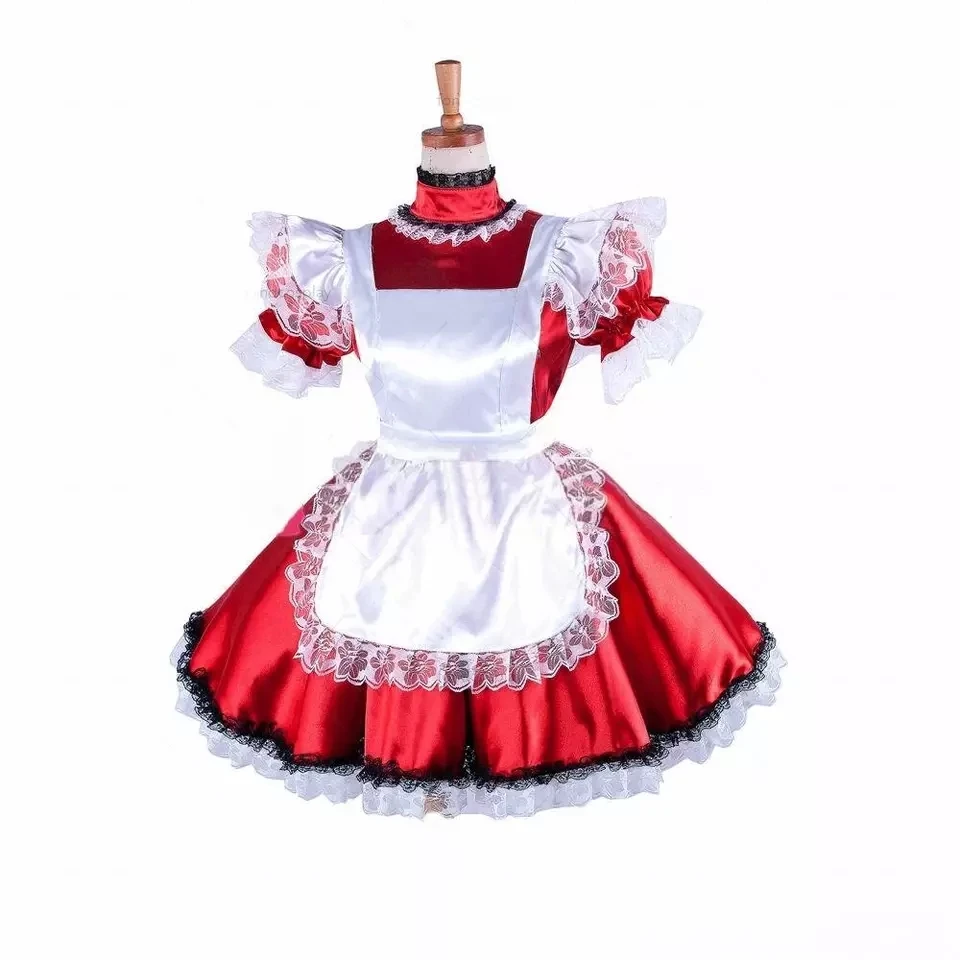 Sissy Maid Lockable Red Satin Dress Cosplay costume Tailor-made