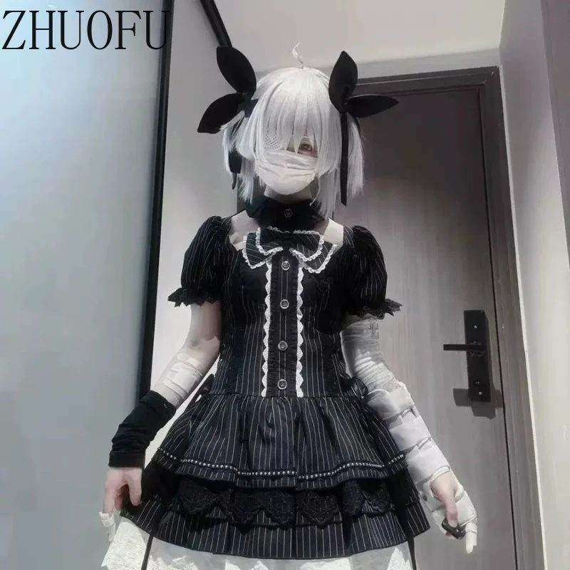 Dark Gothic Women's Dress 2026 New Subculture Sweet Cool Y2k Bow Striped Waist-cinching Strap Bubble Sleeve Dresses Ladies